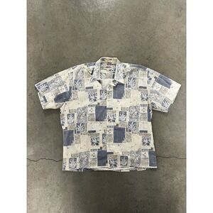 Campia Hawaiian Shirt Men's Large Beige Blue Brown Aloha Tropical Pocket Vintage